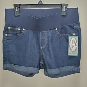 oh! mamma maternity blue jean denim dark wash shorts pull on elastic waist nwt m